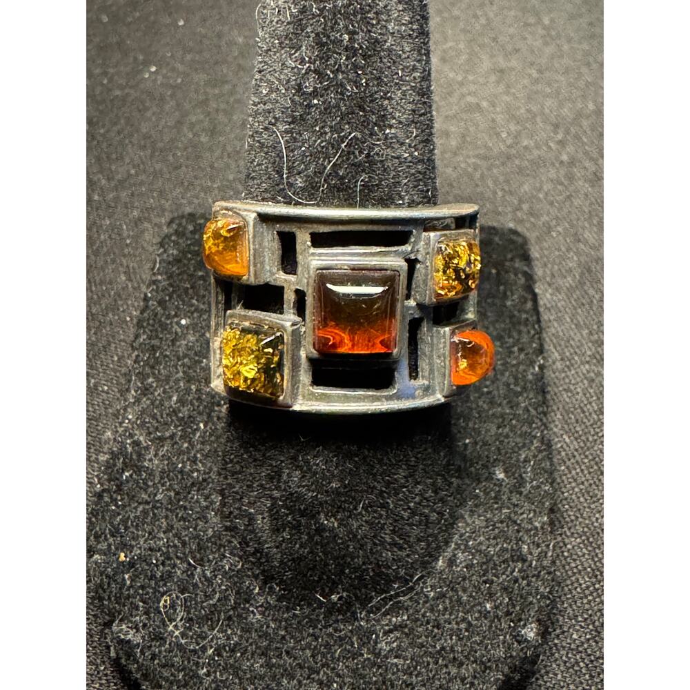 925 Silver 5 Shades of Amber Size 7 Cut Out Ring